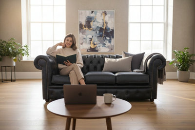 Chesterfield 3 Seater Cracked Wax Jet Black Leather Sofa Settee In ...