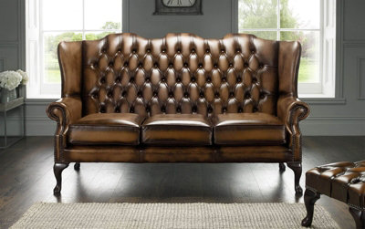 Chesterfield 3 Seater High Back Antique Autumn Tan Leather Sofa In ...