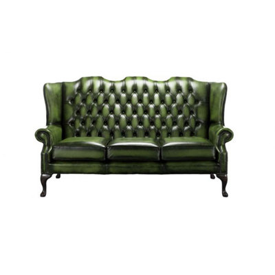 Chesterfield 3 Seater High Back Antique Green Real Leather Sofa In ...