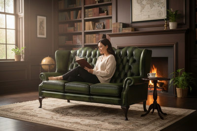 Chesterfield 3 Seater High Back Antique Green Real Leather Sofa In ...