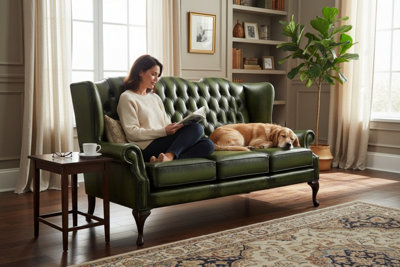 Chesterfield 3 Seater High Back Antique Green Real Leather Sofa In ...