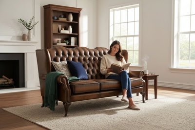 Chesterfield 3 Seater High Back Antique Tan Leather Sofa In Mallory Style