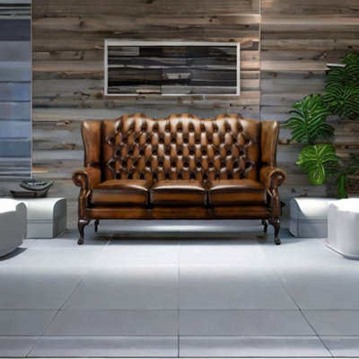 Chesterfield 3 Seater High Back Antique Tan Leather Sofa In Mallory Style