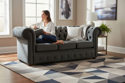 Chesterfield 3 Seater Malta Slate Grey Velvet Fabric Sofa In Classic Style