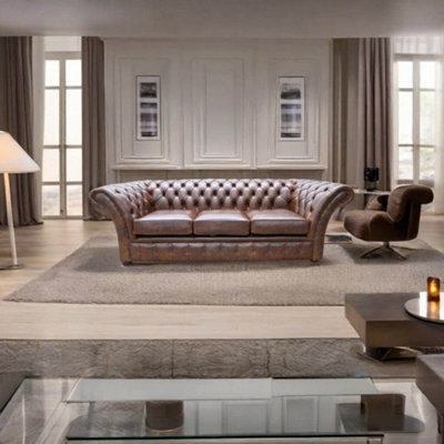 Chesterfield 3 Seater New England Texas Brown Leather Sofa Settee In ...