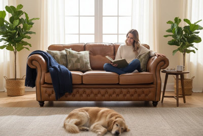 Chesterfield 3 Seater Old English Tan Leather Sofa Bespoke In Era Style