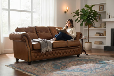 Chesterfield 3 Seater Old English Tan Leather Sofa Bespoke In Era Style