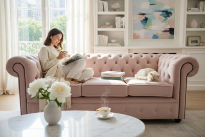 Chesterfield 3 Seater Passion Powder Pink Velvet Fabric Sofa In Classic ...