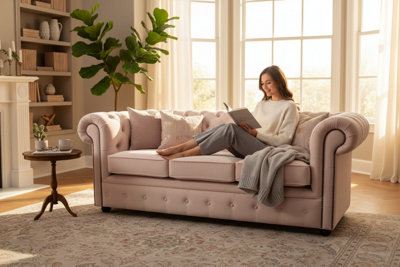 Chesterfield 3 Seater Passion Powder Pink Velvet Fabric Sofa In Classic ...