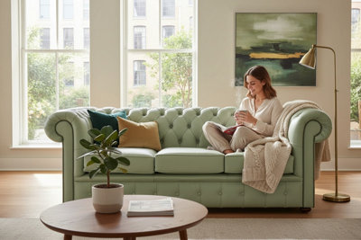 Chesterfield 3 Seater Shelly Thyme Green Leather Sofa Bespoke In ...