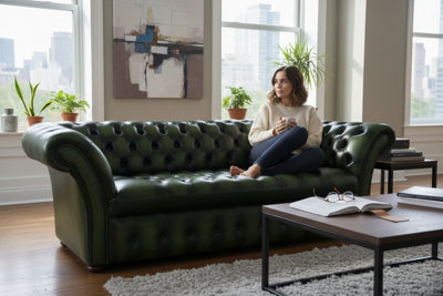 Chesterfield Seater Sofa Buttoned Seat Antique Green Leather In