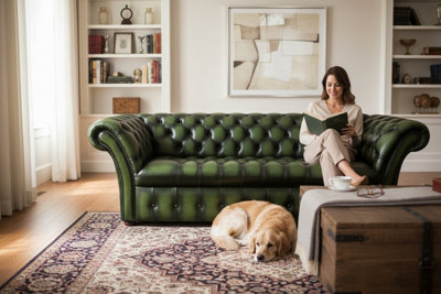 Chesterfield Seater Sofa Buttoned Seat Antique Green Leather In