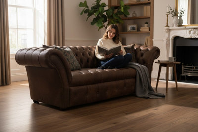 Chesterfield 3 Seater Sofa Buttoned Seat Cracked Wax T Brown Leather In ...