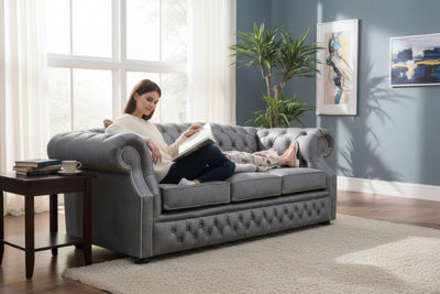 Chesterfield 3 Seater Sofa Cracked Wax Ash Grey Leather In Buckingham Style
