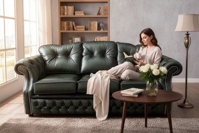 Chesterfield 3 Seater Sofa Settee Antique Green Leather In Era Style