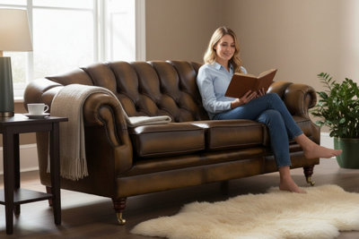 Chesterfield 3 Seater Sofa Settee Antique Tan Leather In Victoria Style