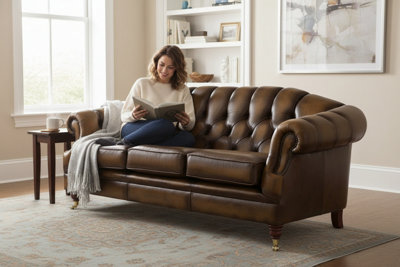 Chesterfield 3 Seater Sofa Settee Antique Tan Leather In Victoria Style