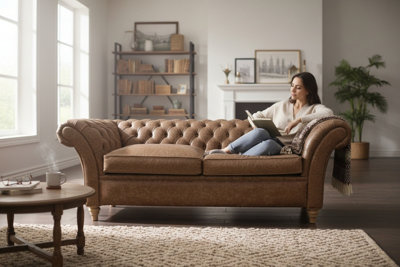 Chesterfield 3 Seater Sofa Settee Cracked Wax Tan Real Leather Balmoral ...