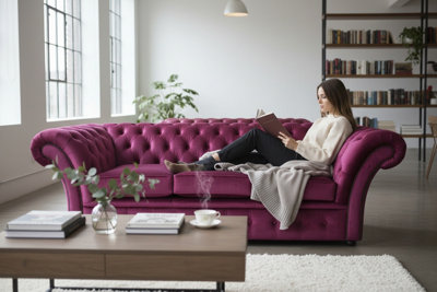 Chesterfield 3 Seater Sofa Settee Velvet Fuchsia Pink Fabric In ...
