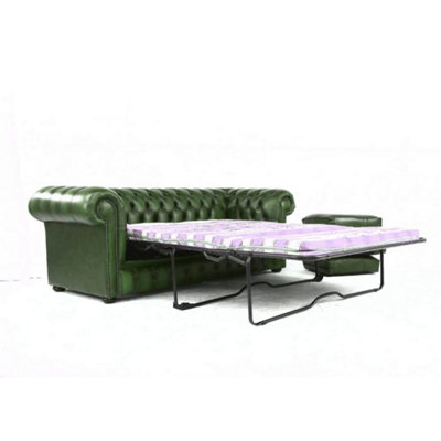 Chesterfield 3 Seater Sofabed Antique Green Real Leather In Classic Style