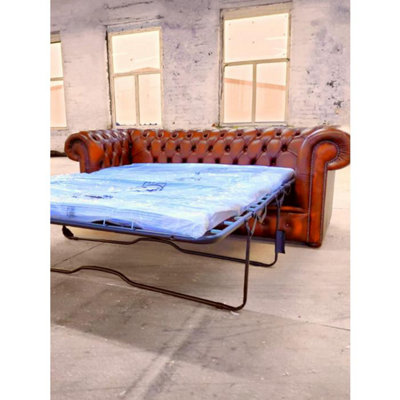Chesterfield 3 Seater Sofabed Antique Tan Real Leather In Classic Style