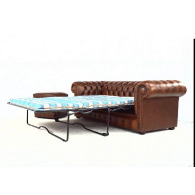 Chesterfield 3 Seater Sofabed Antique Tan Real Leather In Classic Style