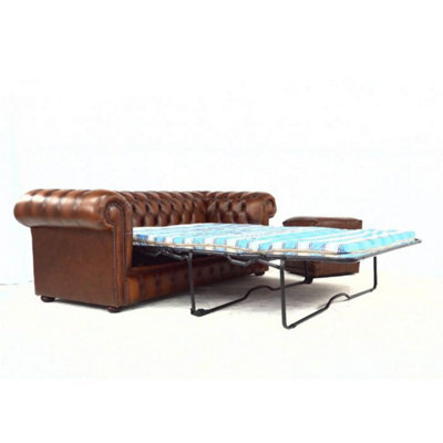 Chesterfield 3 Seater Sofabed Antique Tan Real Leather In Classic Style