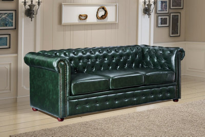 CHESTERFIELD ANTIQUE GREEN FAUX LEATHER THREE SEATER SOFA SET SUITES ...