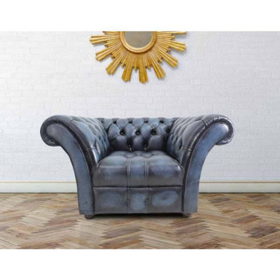 Chesterfield Armchair Buttoned Seat Antique Blue Leather In Balmoral Style