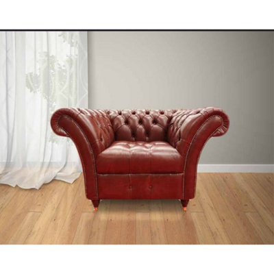 Chesterfield Armchair Buttoned Seat Old English Aniline Chestnut Leather In Balmoral Style