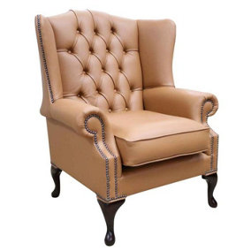 Chesterfield Bloomsbury Flat Wing Queen Anne High Back Chair Saddle Brown Real Leather