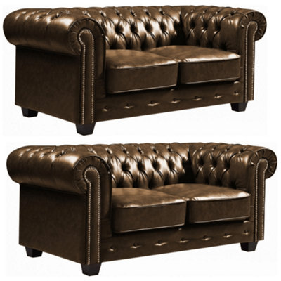 Chesterfield Brown Leather Antique 2+2 Seater Sofa Set