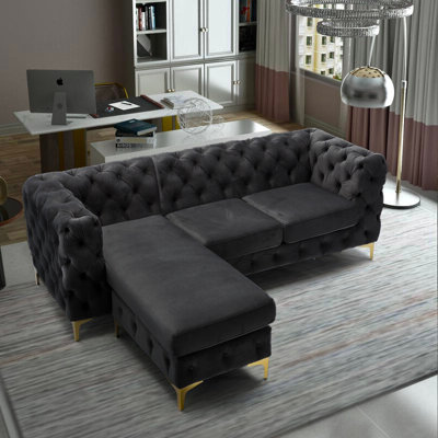 Chesterfield Chaise Sofa - Black - 4 Seater Sofa - L Shaped - Left Hand