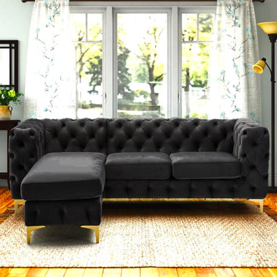 Chesterfield Chaise Sofa - Black - 4 Seater Sofa - L Shaped - Left Hand