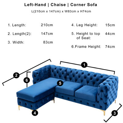 Chesterfield Chaise Sofa - Blue - 4 Seater Sofa - L Shaped - Left Hand