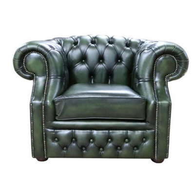 Chesterfield Club Chair Antique Green Real Leather In Buckingham Style