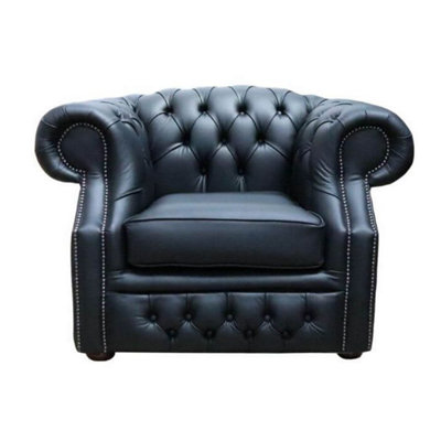 Chesterfield Club Chair Shelly Black Real Leather In Buckingham Style