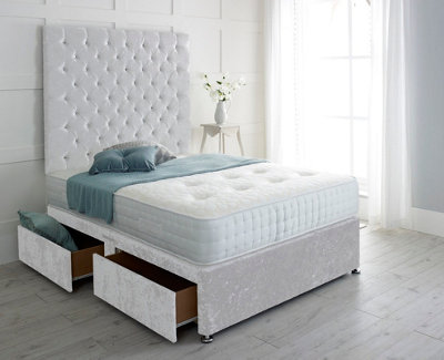 5FT King Plush Steel Divan Bed Set With 26'' Long Vertical Line Headboard & 10'' Spring Foam Mattress 2 Drawers