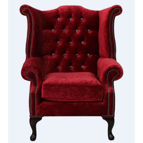Chesterfield Crystal High Back Wing Chair Modena Pillarbox Red Real Velvet In Queen Anne Style