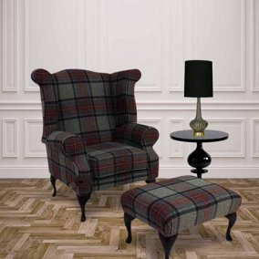 Chesterfield Fireside High Back Armchair + Footstool Wool Tweed Beningborough Graphite Check In Queen Anne Style