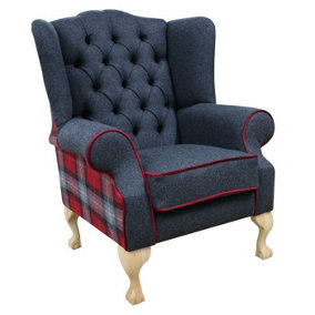 Chesterfield Fireside High Back Wing Chair Skye Red Check Tweed Wool In Mallory Style