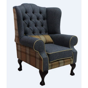 Chesterfield Fireside High Back Wing Chair Skye Sage And Grey Check Tweed Wool In Mallory Style
