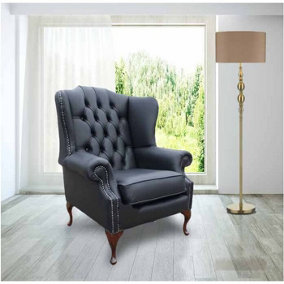 Chesterfield Flat High Back Wing Chair Bonded Black Real Leather In Mallory Style