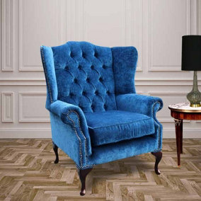 Chesterfield Flat High Back Wing Chair Royal Blue Fabric In Mallory Style