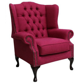 Chesterfield Flat High Back Wing Chair Zoe Raspberry Fabric In Mallory Style