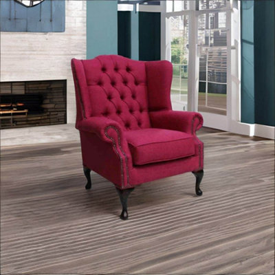 Chesterfield Flat High Back Wing Chair Zoe Raspberry Fabric In Mallory ...