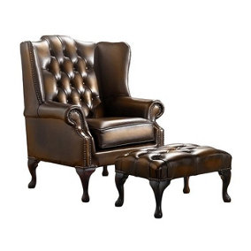 Chesterfield Flat Wing Chair + Footstool Antique Autumn Tan Leather In Mallory Style