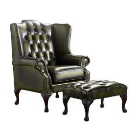 Chesterfield Flat Wing Chair + Footstool Antique Olive Leather In Mallory Style