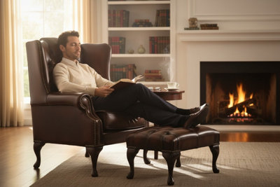 Chesterfield Flat Wing Chair + Footstool Antique Rust Leather In ...