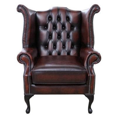 Chesterfield Georgian Wing Chair Antique Rust Leather In Queen Anne Style